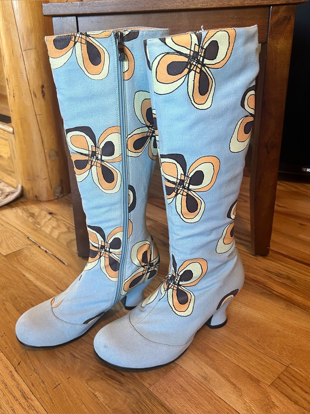 Women’s Floral Knee High Canvas Boots - pale Blue with Orange & Yellow 7 1/2